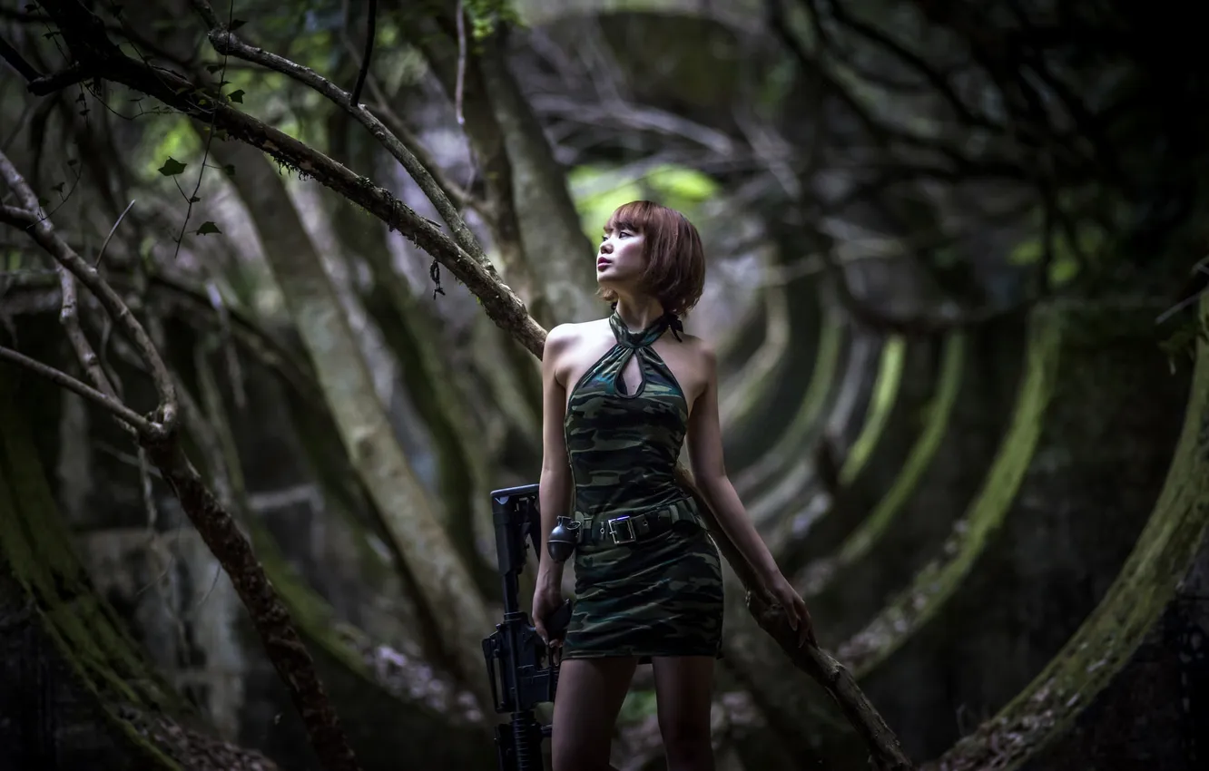 Фото обои девушка, оружие, граната, развалины, азиатка, штурмовая винтовка