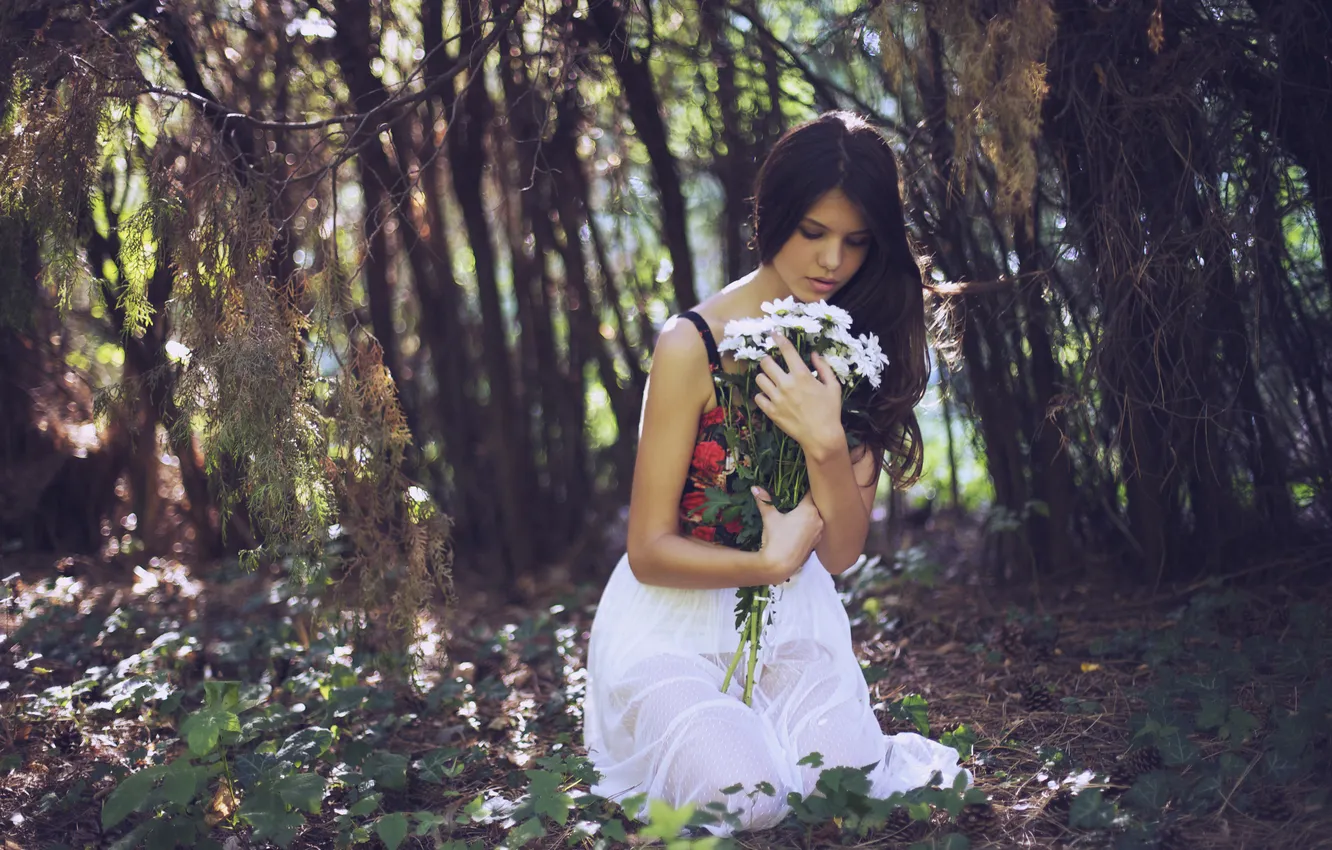 Фото обои лес, девушка, цветы