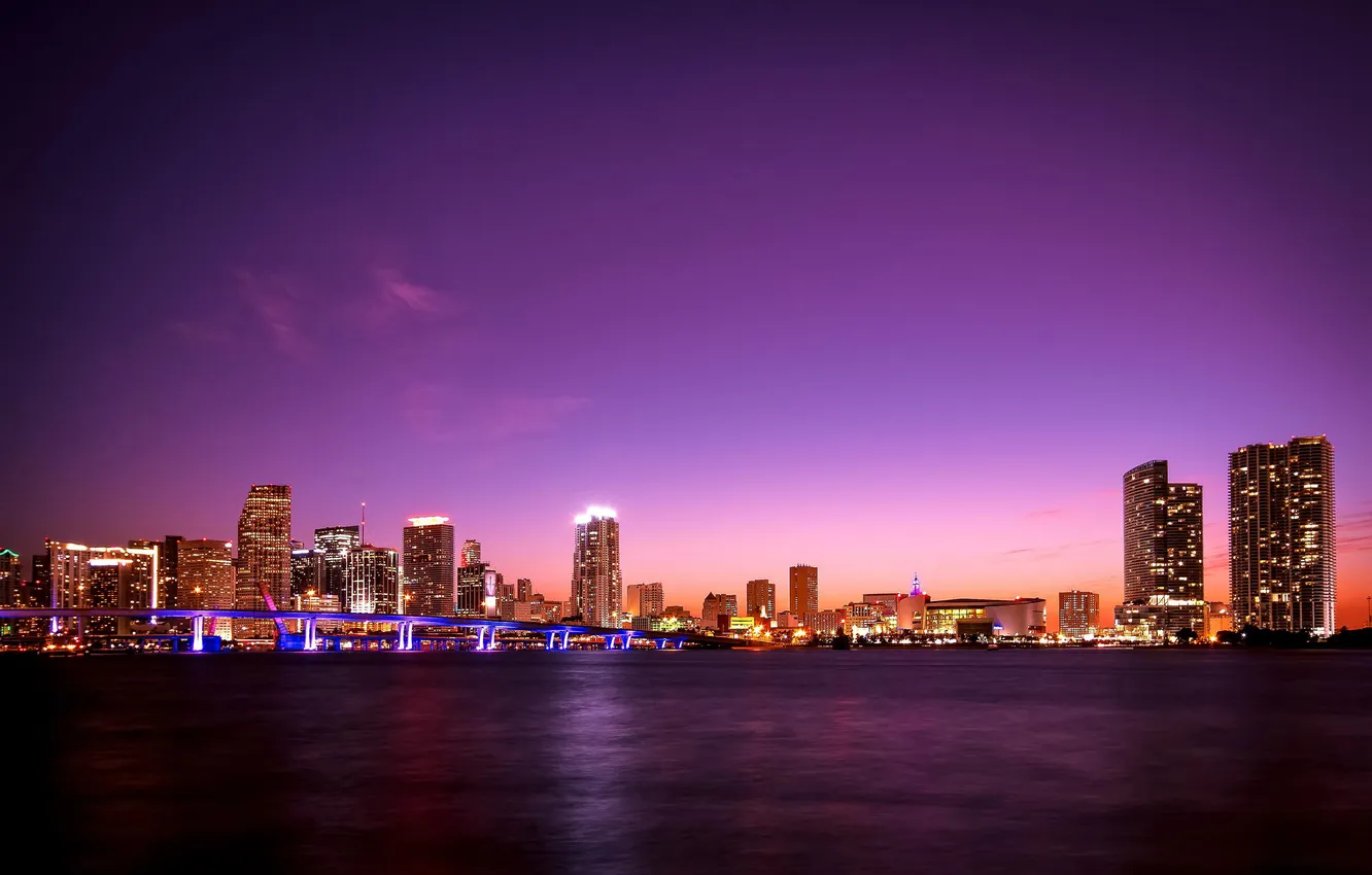Фото обои огни, Майами, вечер, Флорида, City, Purple, Miami, florida