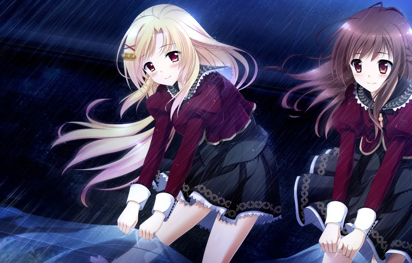 Фото обои Девушки, Улыбка, Дождь, Sakura Mau Otome no Rondo, Mahara Aoi, Game CG, Kadowaki Sakura