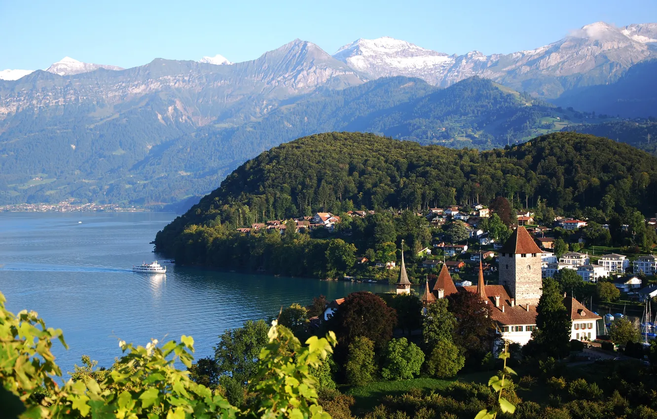 Фото обои горы, город, озеро, фото, дома, Швейцария, Spiez