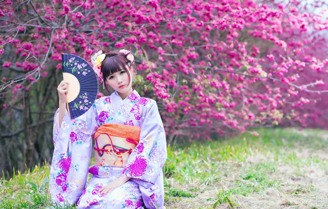 Фото обои девушка, весна, сад, азиатка