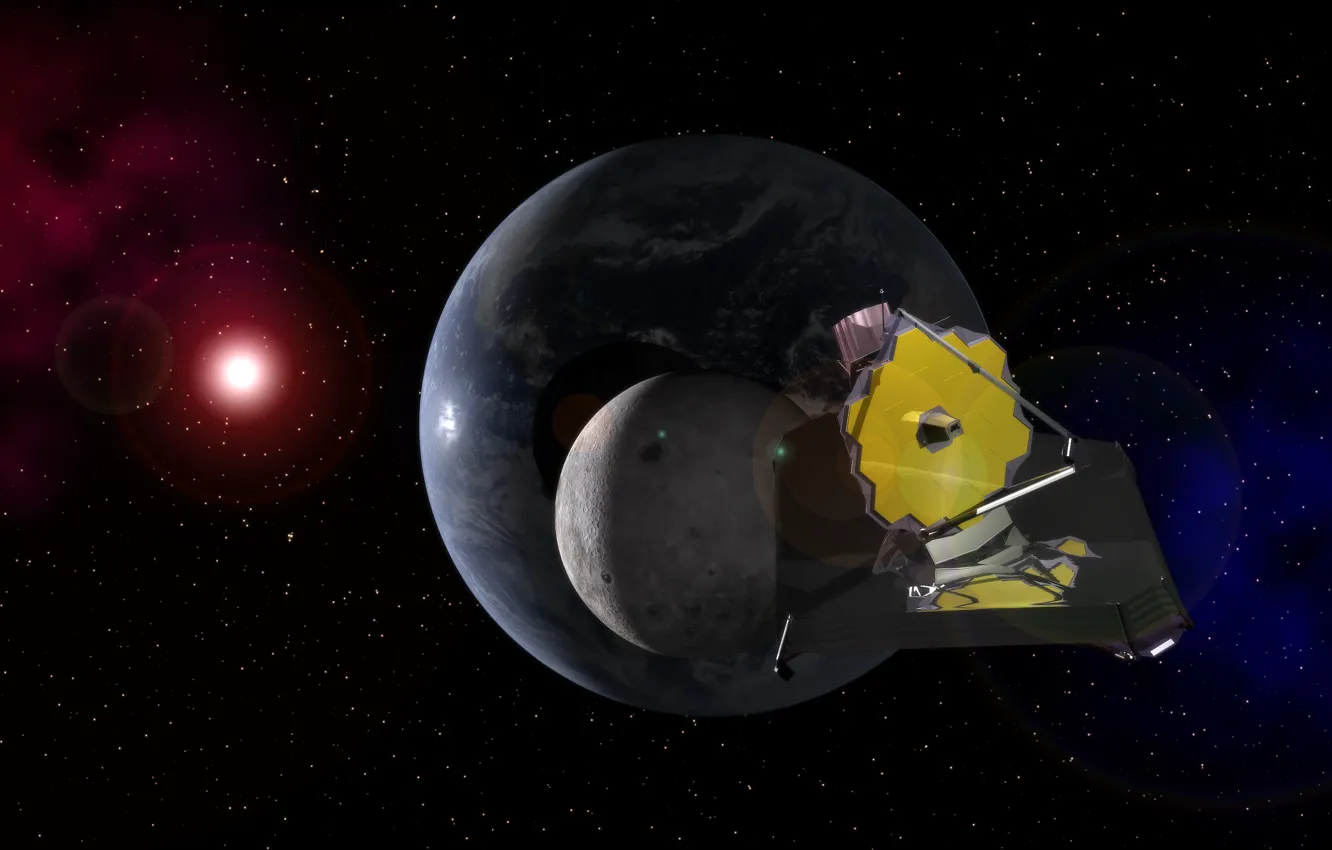 Фото обои Солнце, Луна, Земля, телескоп, Джеймс Уэбб