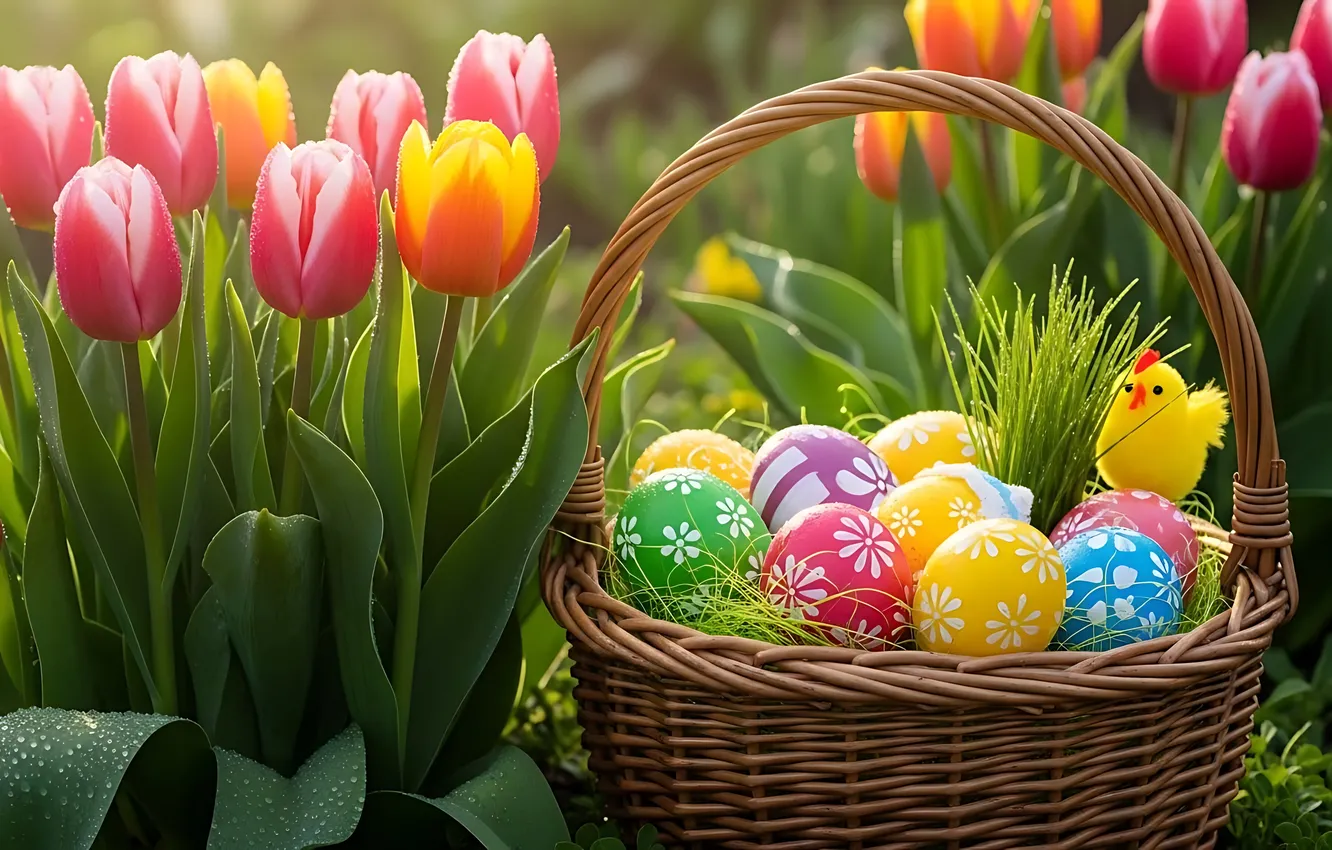 Фото обои цветы, корзина, яйца, весна, colorful, Пасха, тюльпаны, flowers