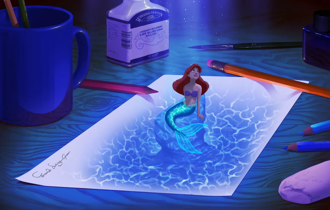 Фото обои бумага, перо, рисунок, карандаши, кружка, чернила, Ариэль, русалочка