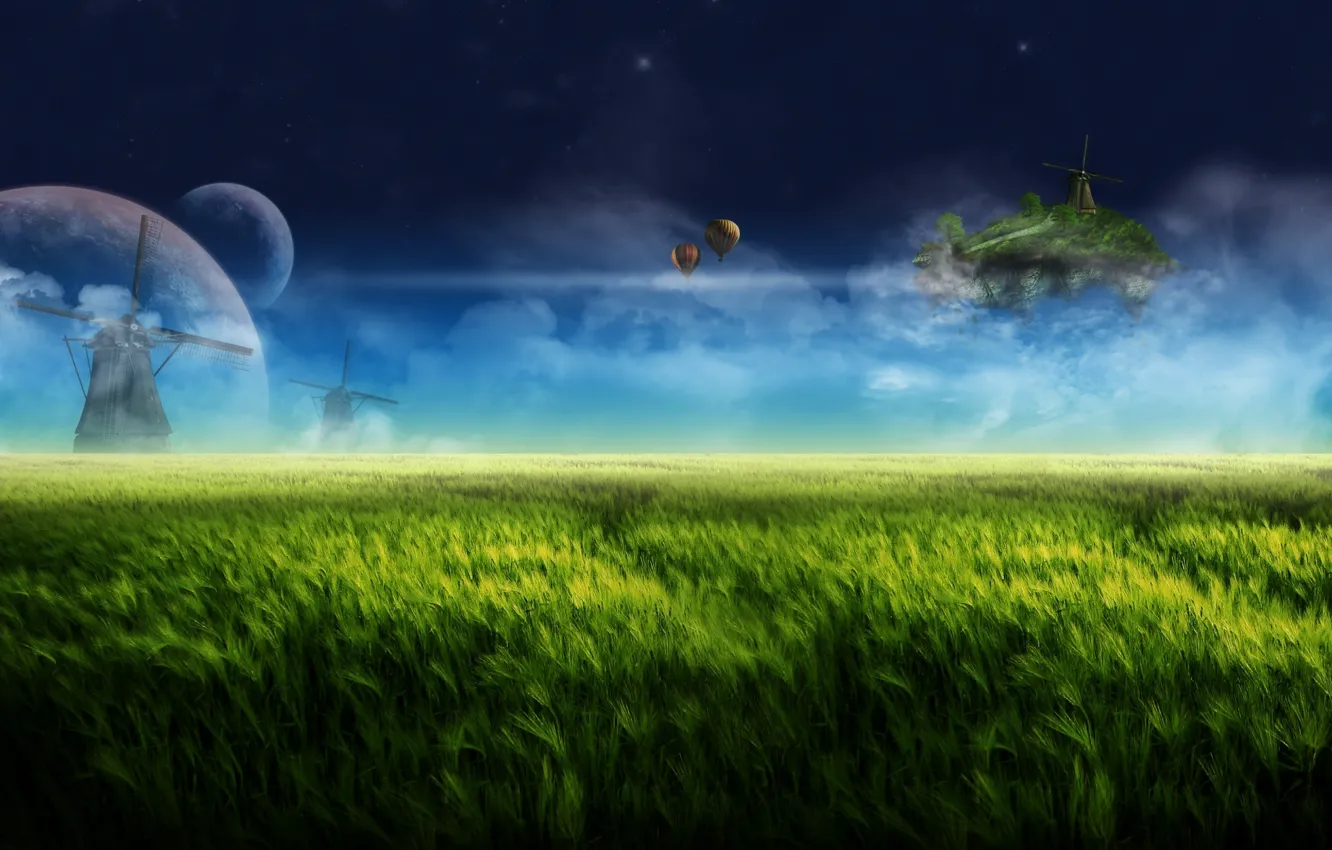 Фото обои небо, облака, ночь, воздушные шары, фантазия, dream, планеты, мельница