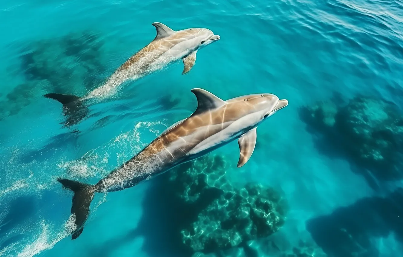 Фото обои море, волны, вода, океан, дельфины, плавание, Морские Животные, ИИ-арт