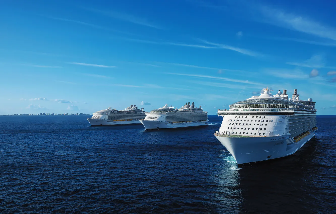 Фото обои Океан, Море, Судно, Oasis of the Seas, Флот, Royal Caribbean International, Пассажирское судно, Пассажирский лайнер
