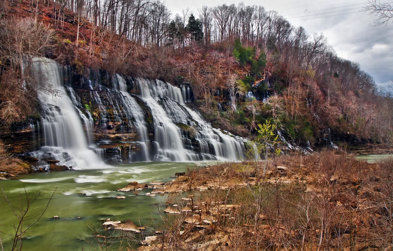Фото обои осень, деревья, природа, скала, водопад, США, Теннесси, Rock Island State Park