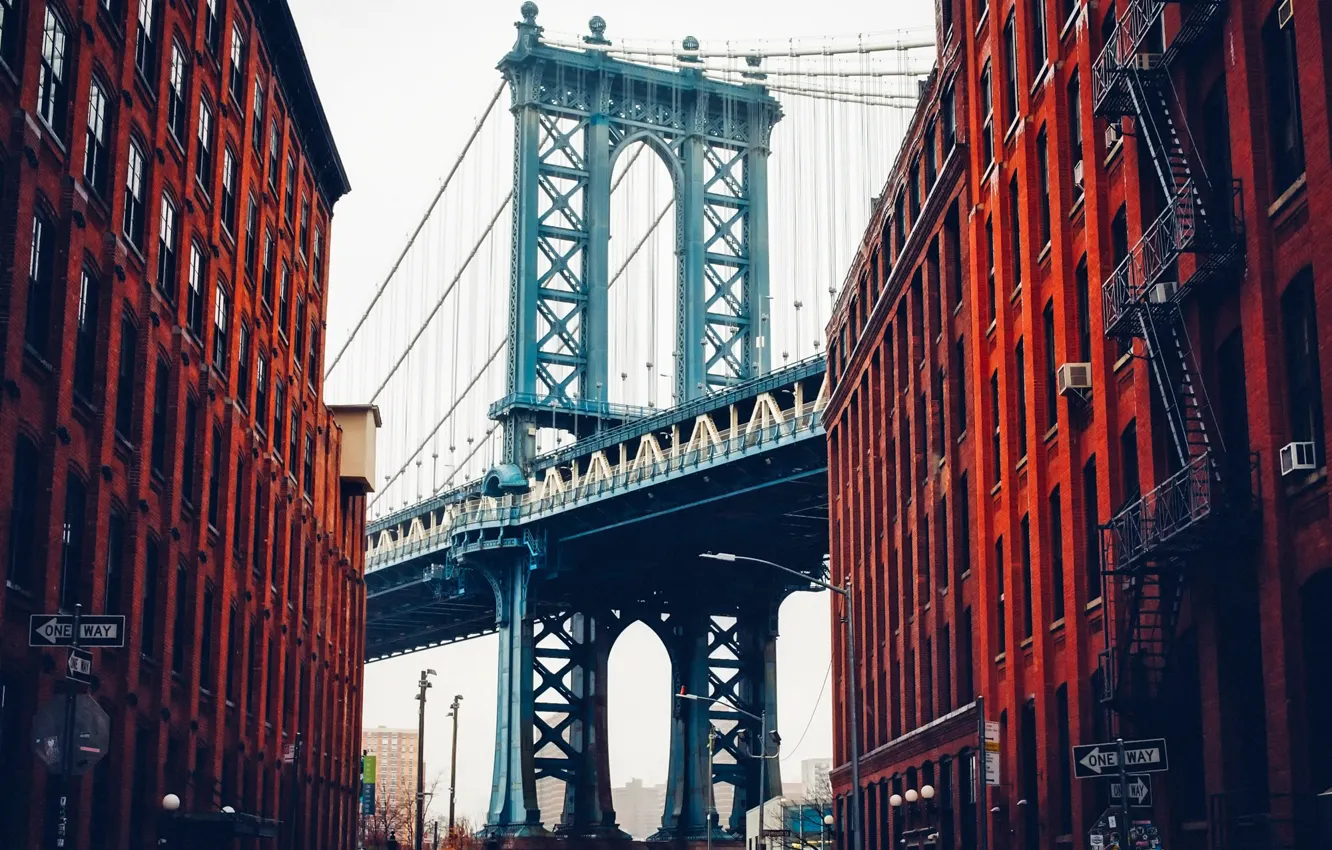 Фото обои улица, дома, Нью-Йорк, США, Бруклинский мост, Манхэттен