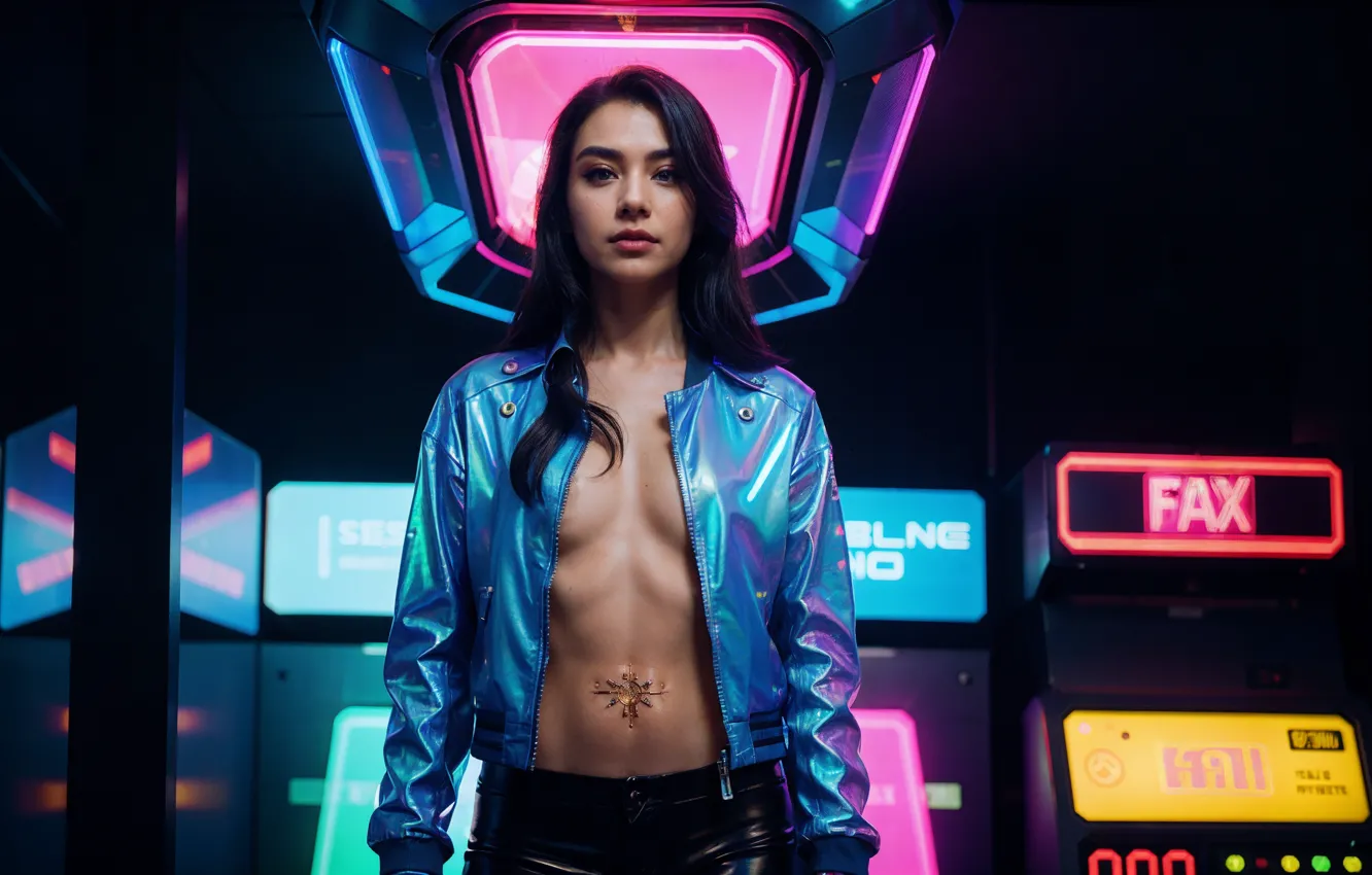 Фото обои long hair, Neon, women, asian, digital art, cyborg, Cyberpunk, looking at viewer