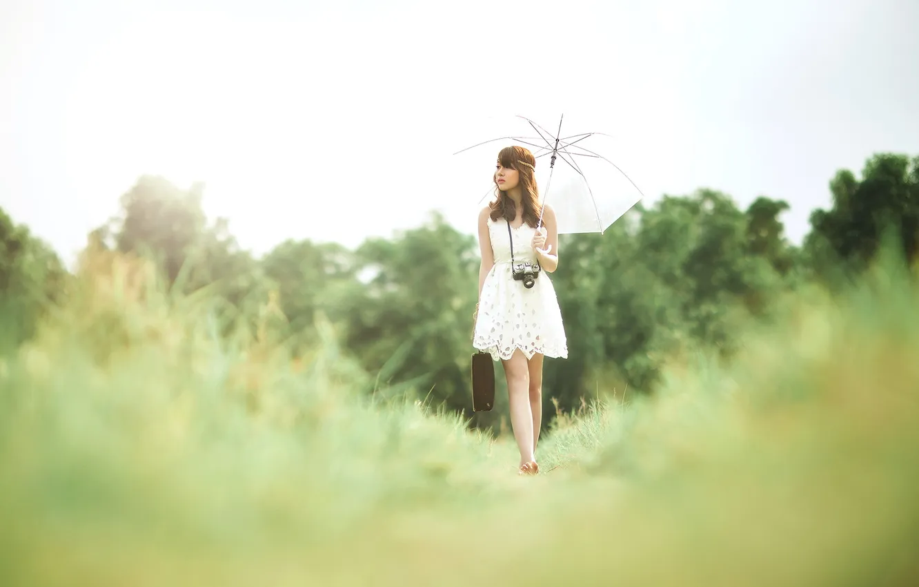 Фото обои поле, девушка, зонт