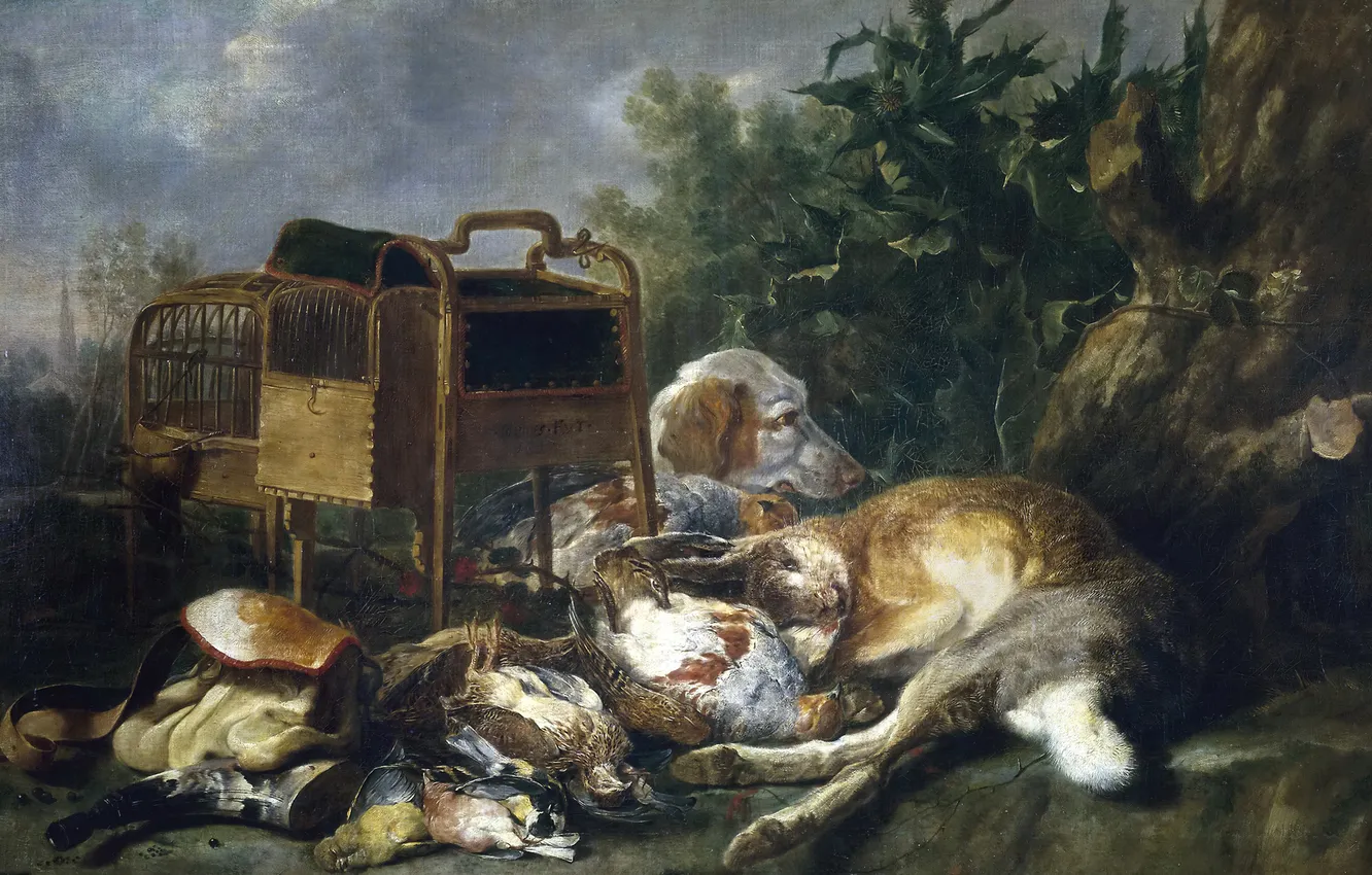 Фото обои картина, Собака, жанровая, Ян Фейт, Сторожащая Охотничьи Трофеи