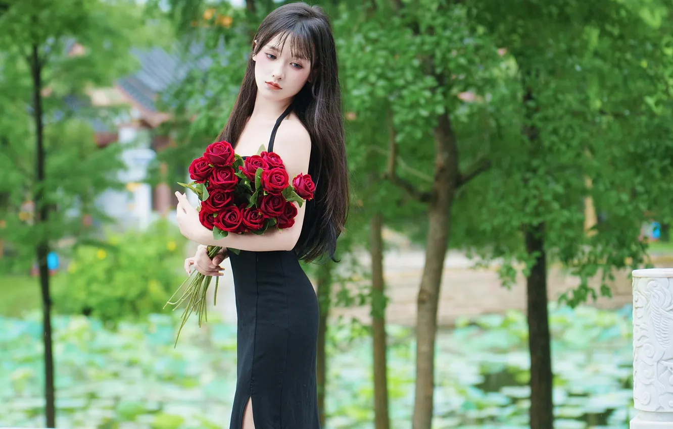 Фото обои Beautiful, Asian, Model, Flower, Roses, Woman, Bouquet, Cute