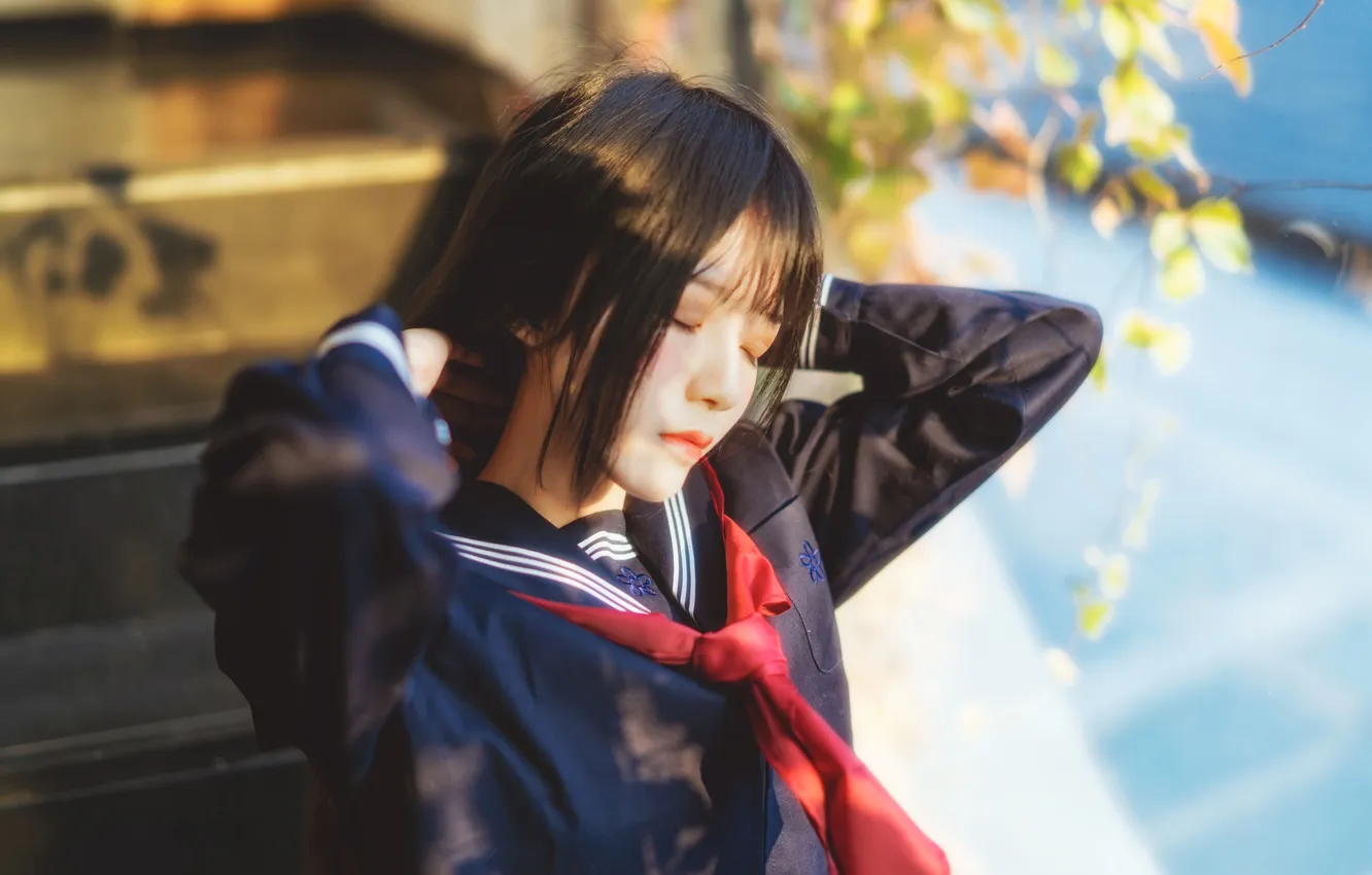 Фото обои Beautiful, Asian, Model, Woman, Cute, Pretty, Closed Eyes, Uniform