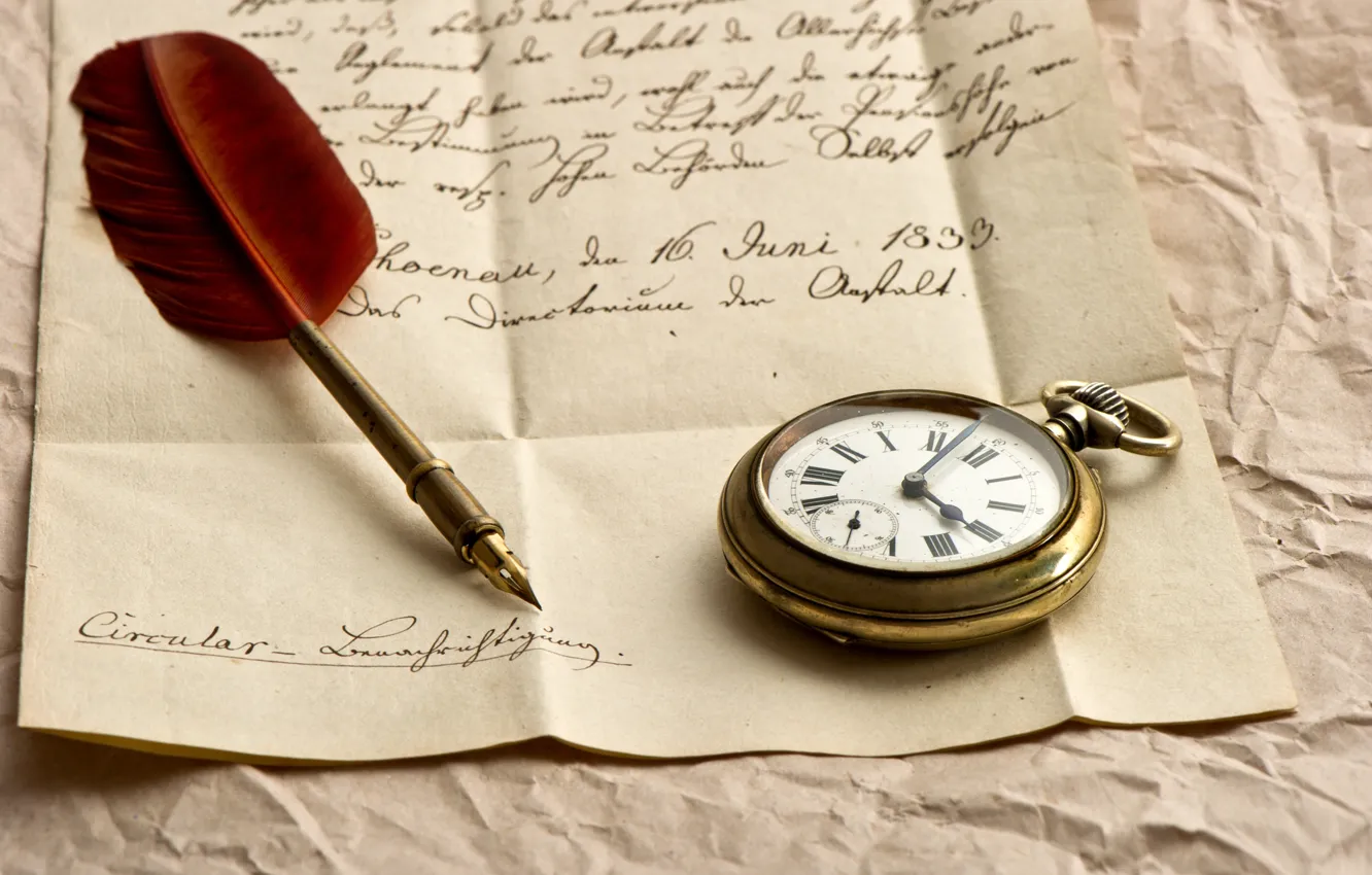 Фото обои письмо, бумага, часы, ручка, чернила, перьевая