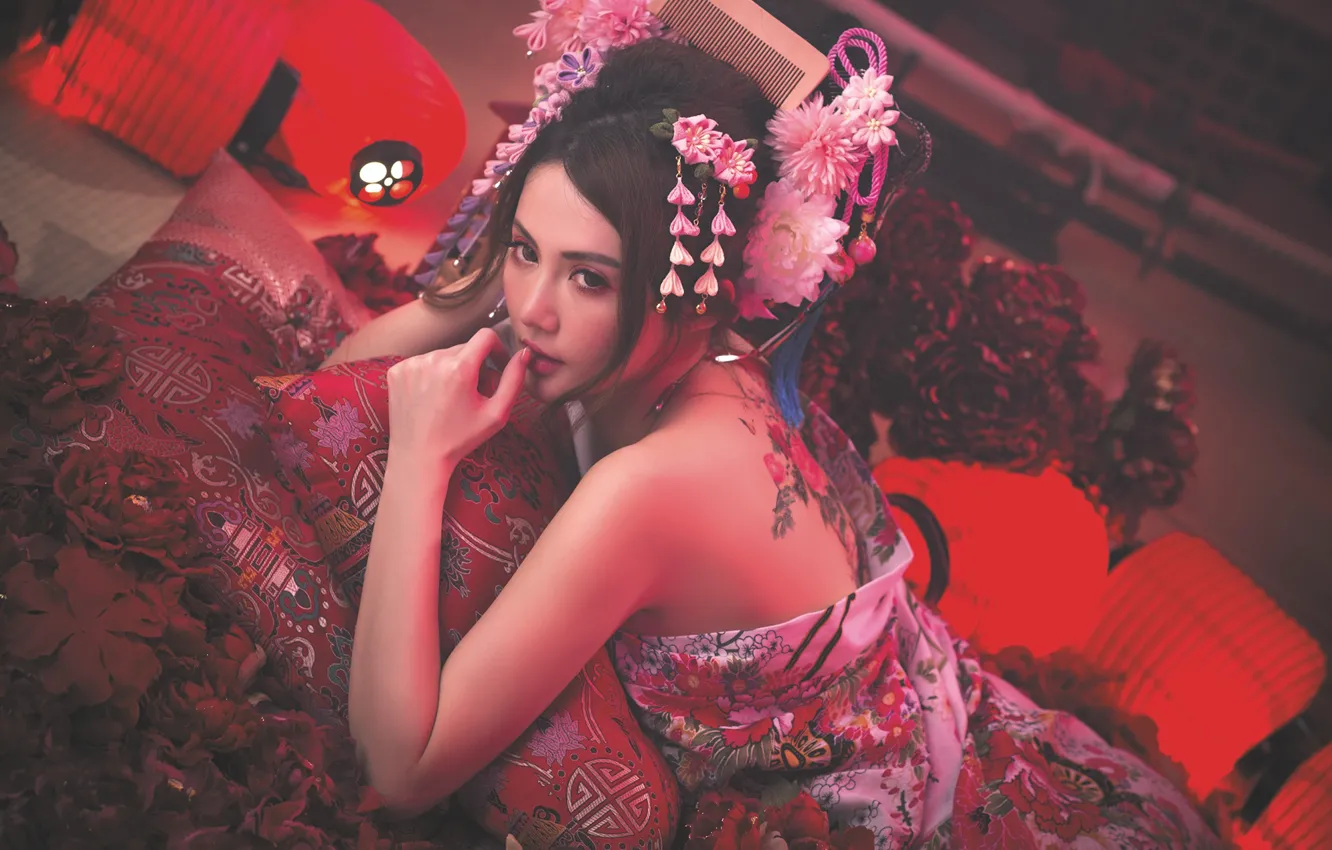 Фото обои девушка, тату, прическа, наряд, азиатка