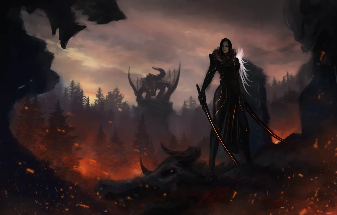 Фото обои взгляд, девушка, оружие, фантастика, дракон, арт, рога, мечи