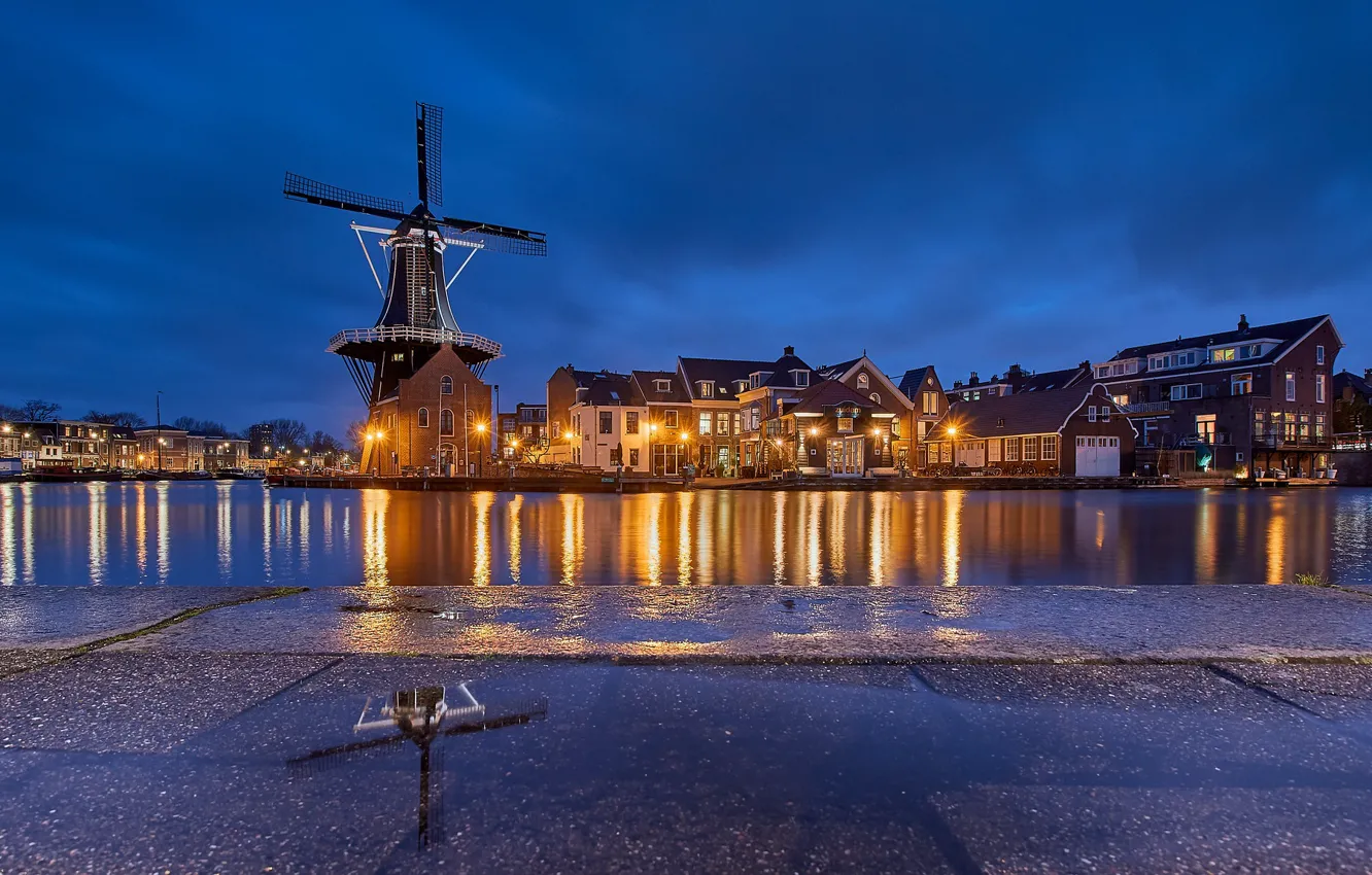 Фото обои огни, вечер, Нидерланды, Голландия, blue hour, Харлем