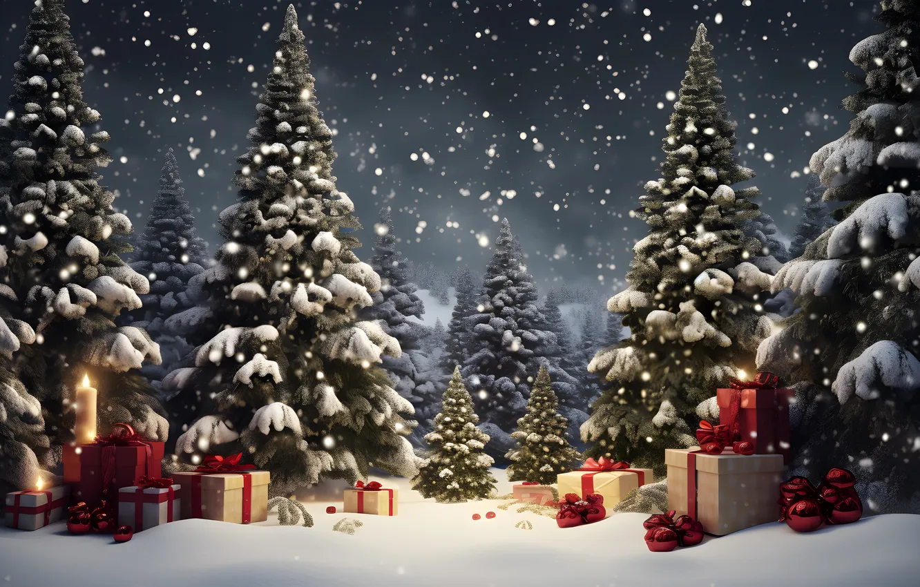 Фото обои снег, украшения, ночь, подарок, елка, новый год, Рождество, Christmas