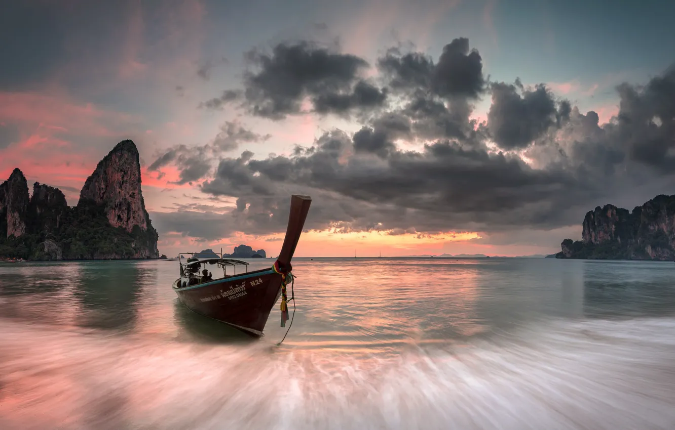 Фото обои Thailand, Beach, Sunset, Long Tail Boat, West Railay Bay