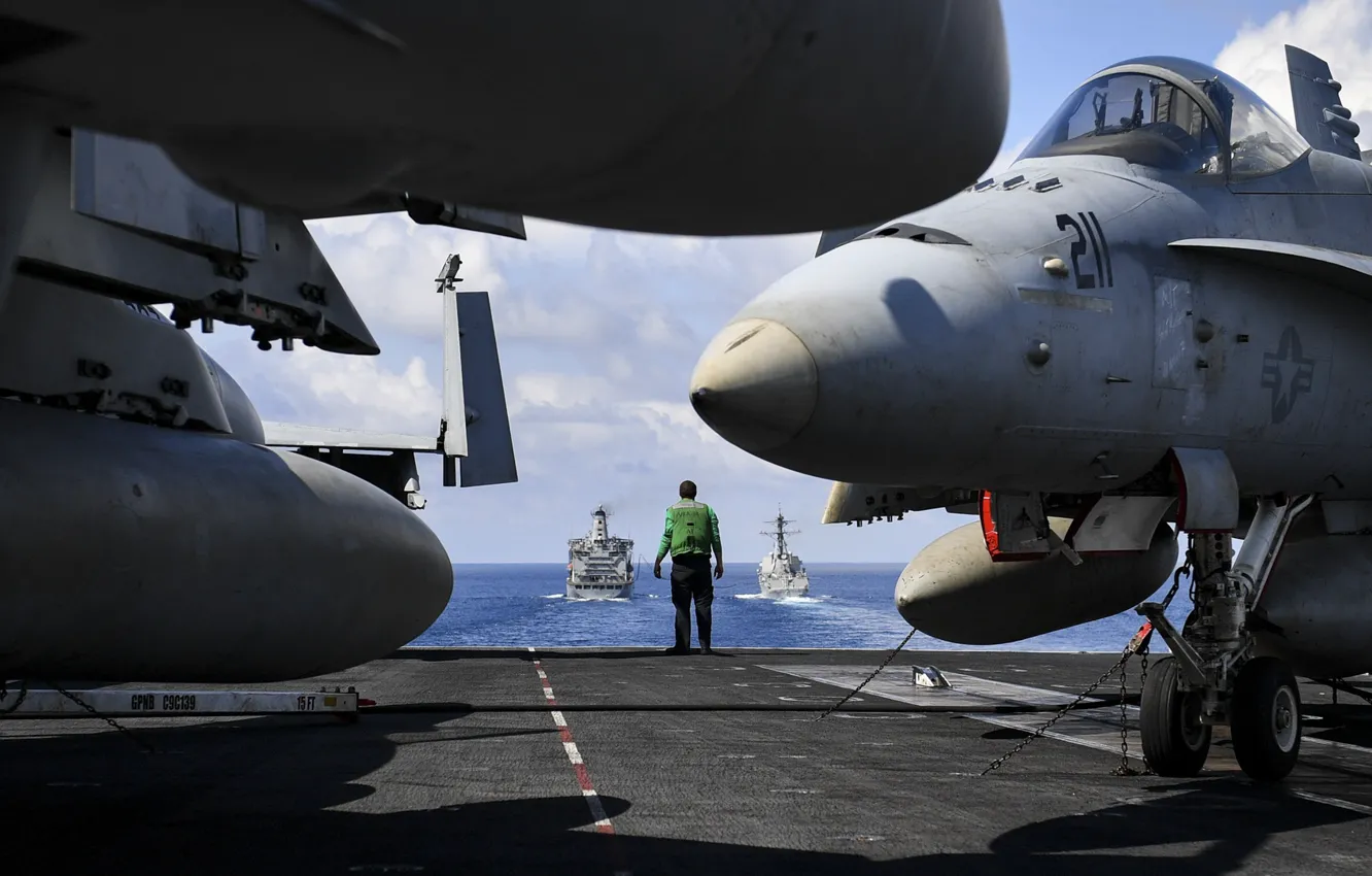 Фото обои море, авианосец, палуба, Super Hornet, FA-18E