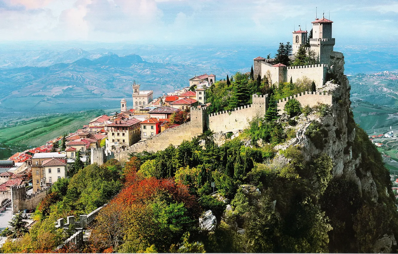 Фото обои лес, горы, город, фото, горизонт, Италия, San Marino