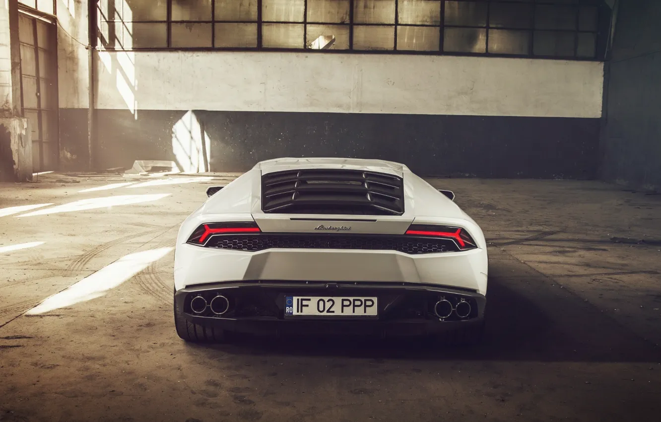 Фото обои Lamborghini, Sun, White, Supercar, 2014, Rear, Huracan, LP610-4