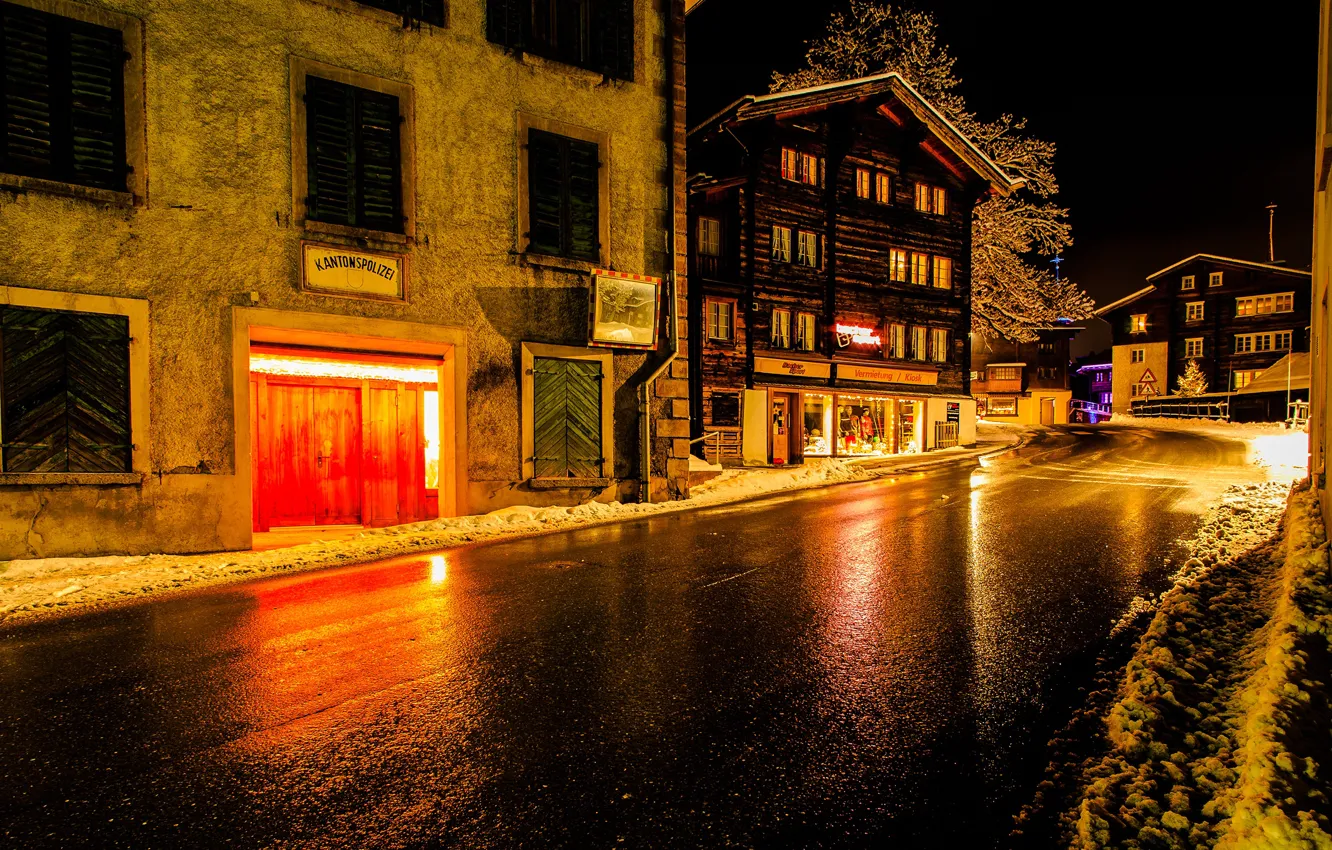 Фото обои зима, дорога, снег, ночь, огни, улица, дома, Швейцария