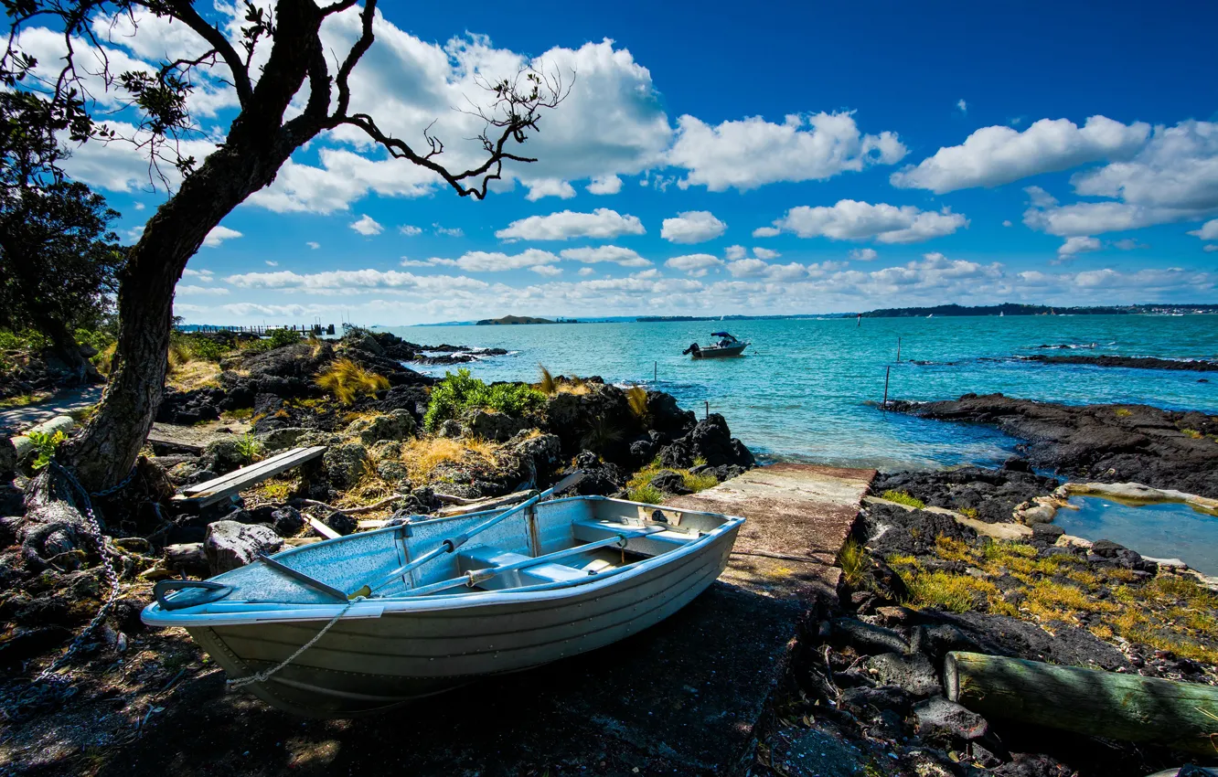 Фото обои море, небо, солнце, облака, деревья, камни, побережье, лодка