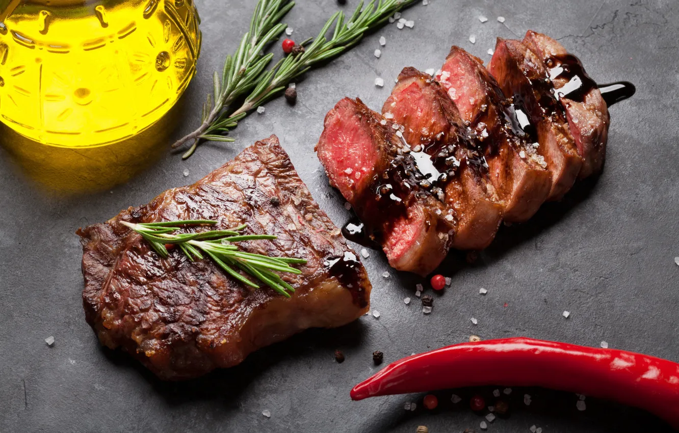 Фото обои зелень, перец, стейк