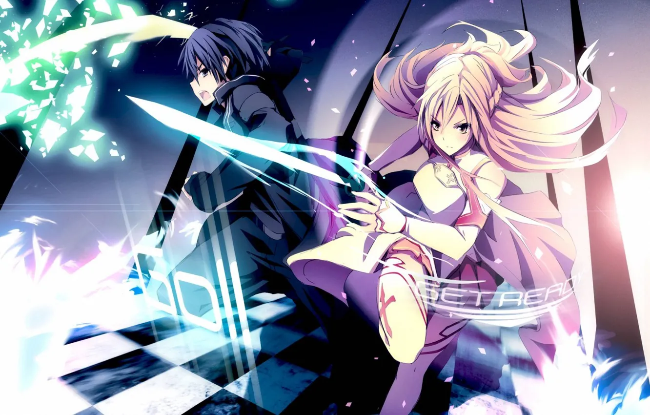 Фото обои девушка, магия, Аниме, парень, мечи, мастера меча онлайн, Sword Art Online, SAO