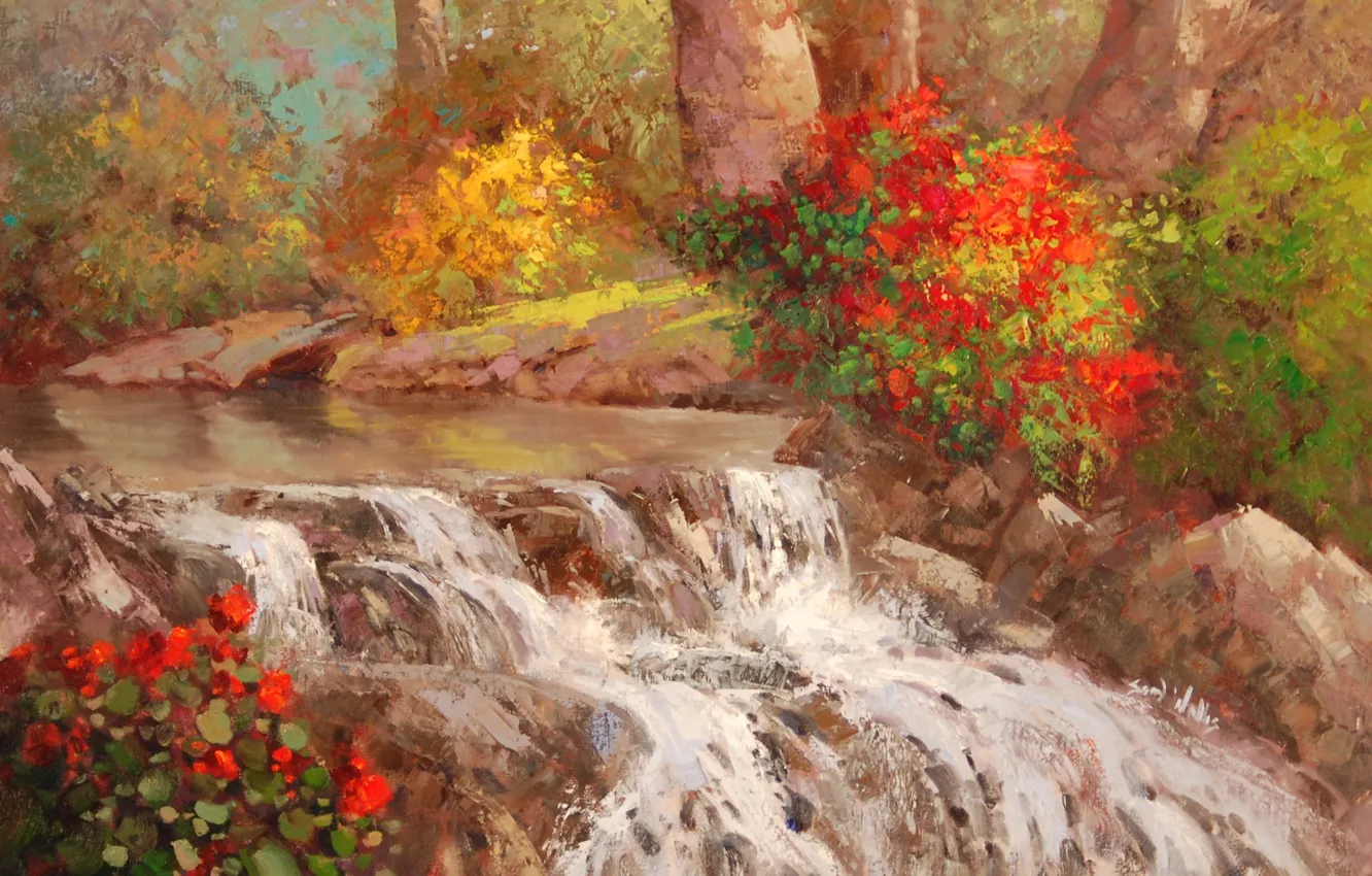 Фото обои вода, деревья, река, водопад, арт, кусты