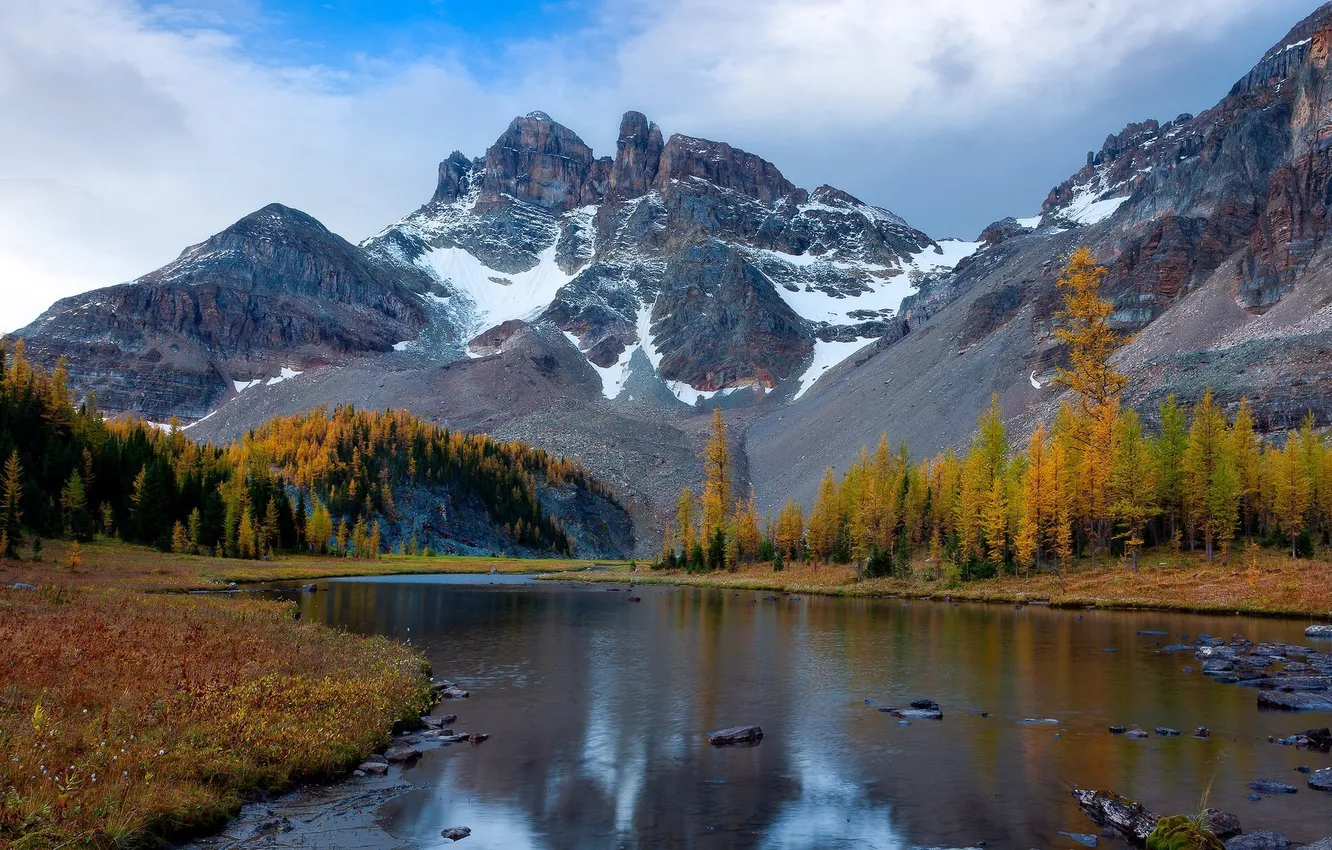 Фото обои Canada, river, autumn, mountains, snow