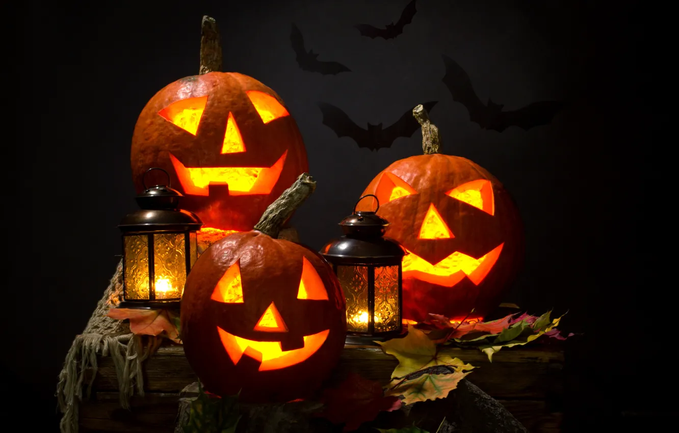Фото обои осень, листья, ночь, свечи, фонарь, Halloween, тыква, Хэллоуин