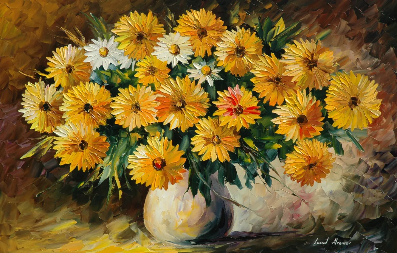 Фото обои цветы, букет, ваза, живопись, Leonid Afremov