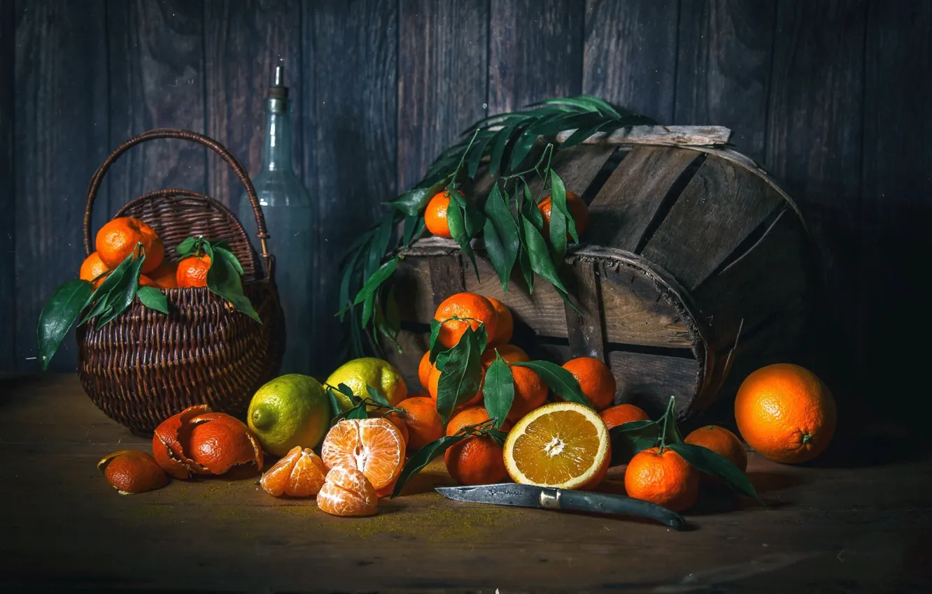 Фото обои лимон, апельсины, плоды, нож, цитрусы, мандарины