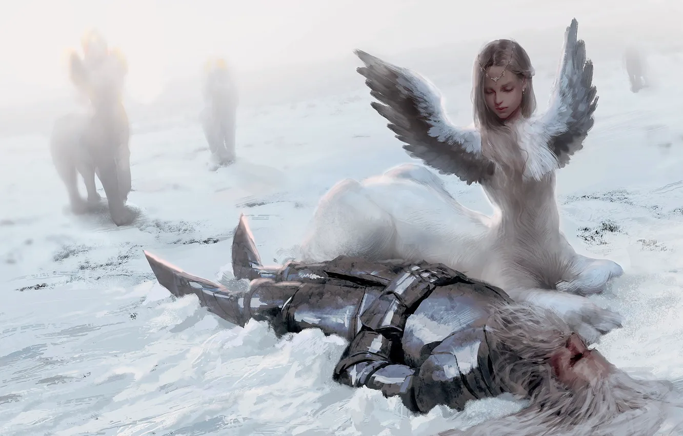 Фото обои снег, крылья, доспехи, существо, Воин