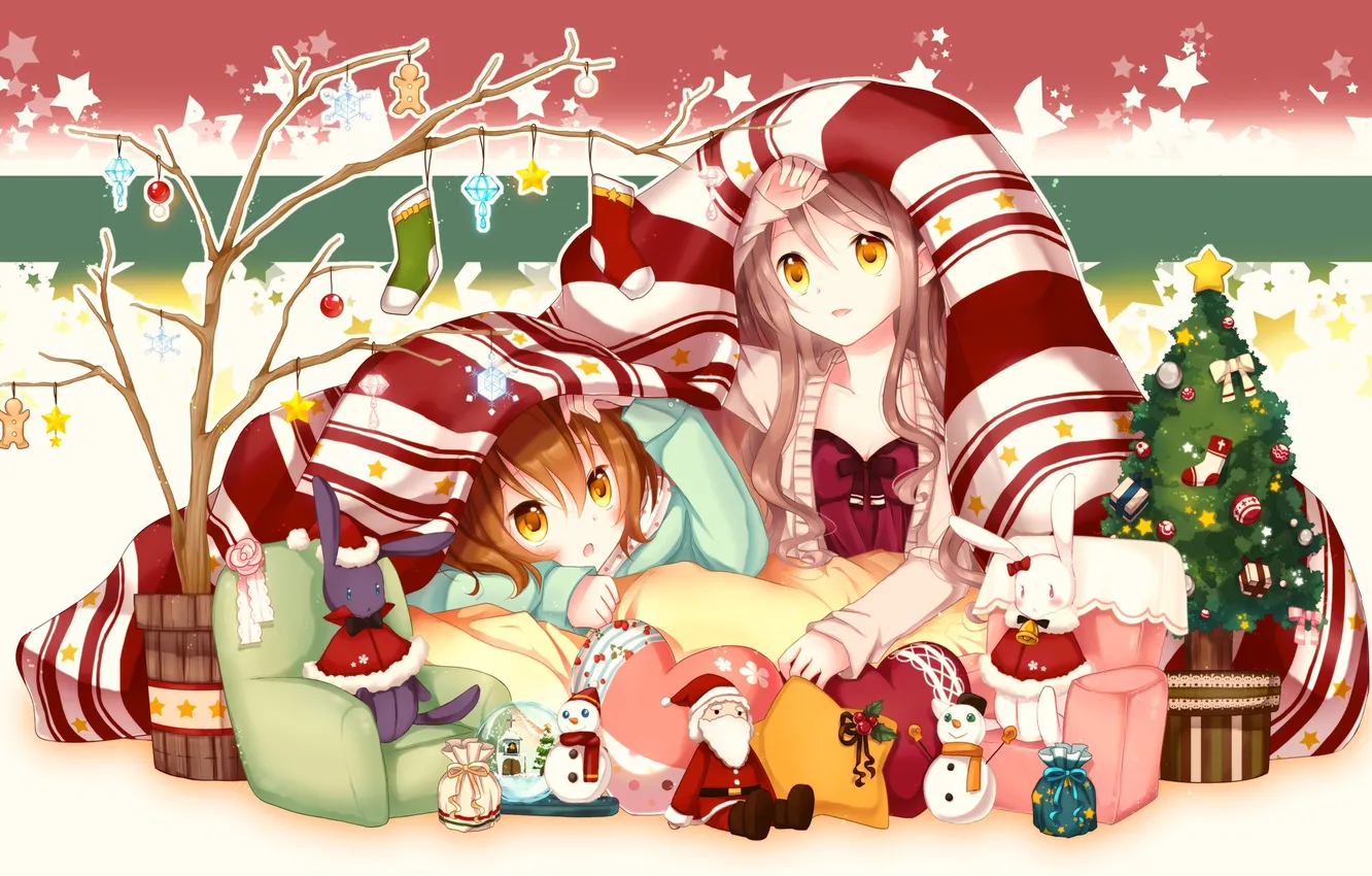 Фото обои шарики, девушки, дерево, праздник, игрушки, шар, аниме, арт