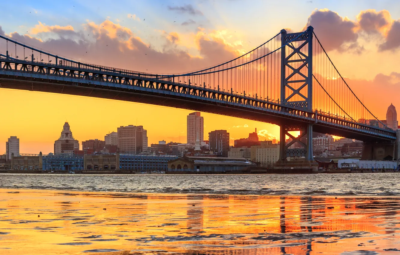 Фото обои мост, река, панорама, Филадельфия, Пенсильвания, Pennsylvania, Philadelphia, река Делавэр