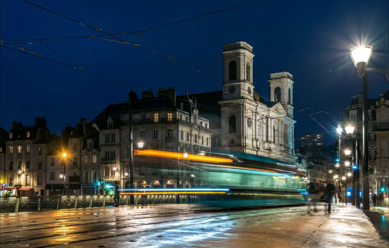Фото обои ночь, огни, Франция, дома, hdr, фонарь, Безансон