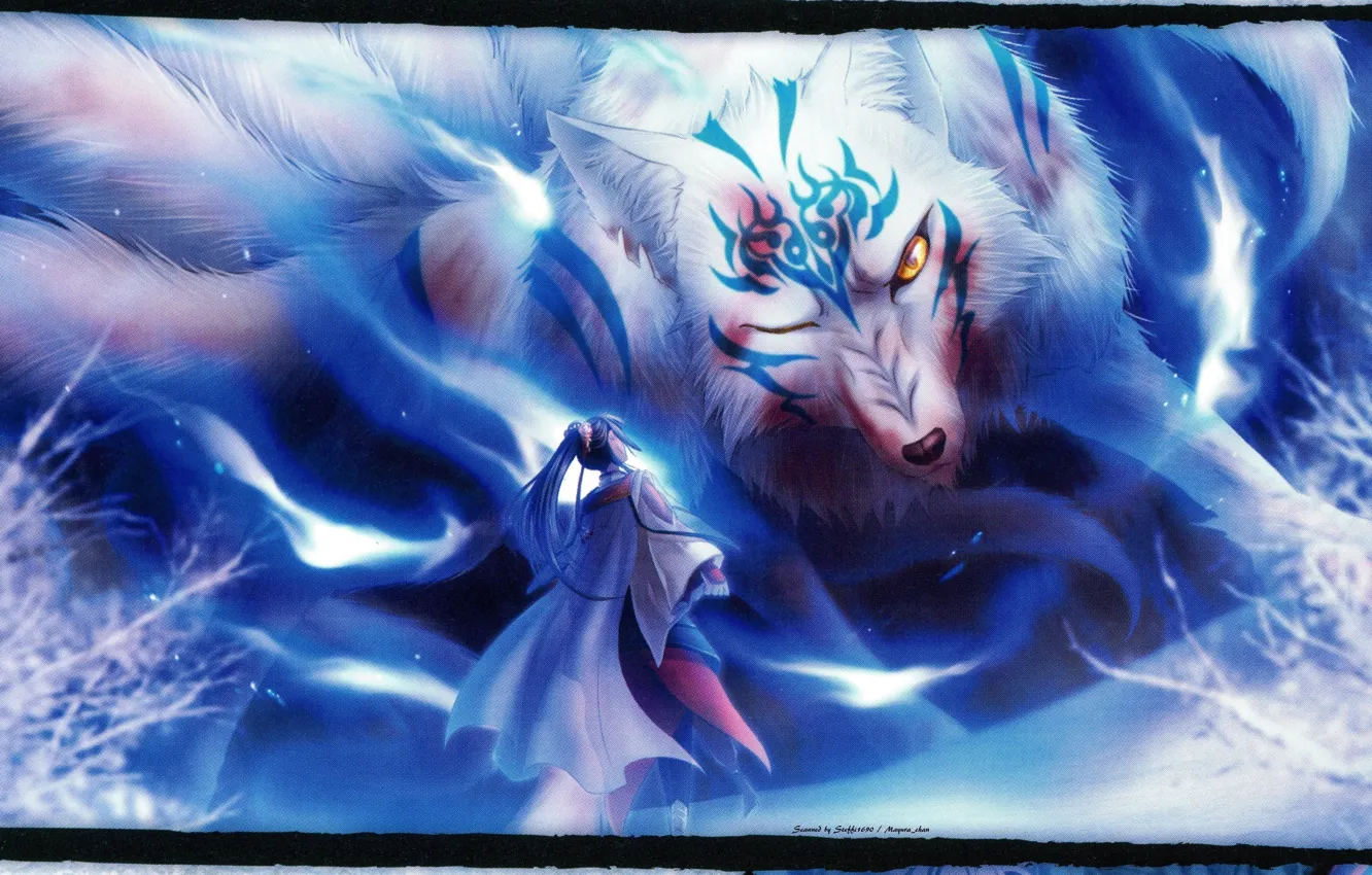 Фото обои жрица, оборотень, зимний лес, werevolf, visual novel, белый волк, демон ночи, shirahana no ori