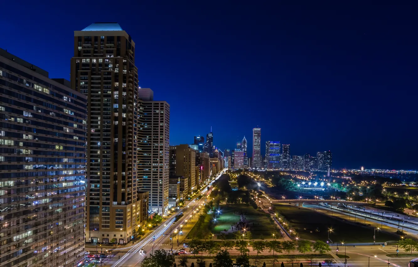 Фото обои дорога, огни, улица, здания, Чикаго, Иллинойс, ночной город, Chicago