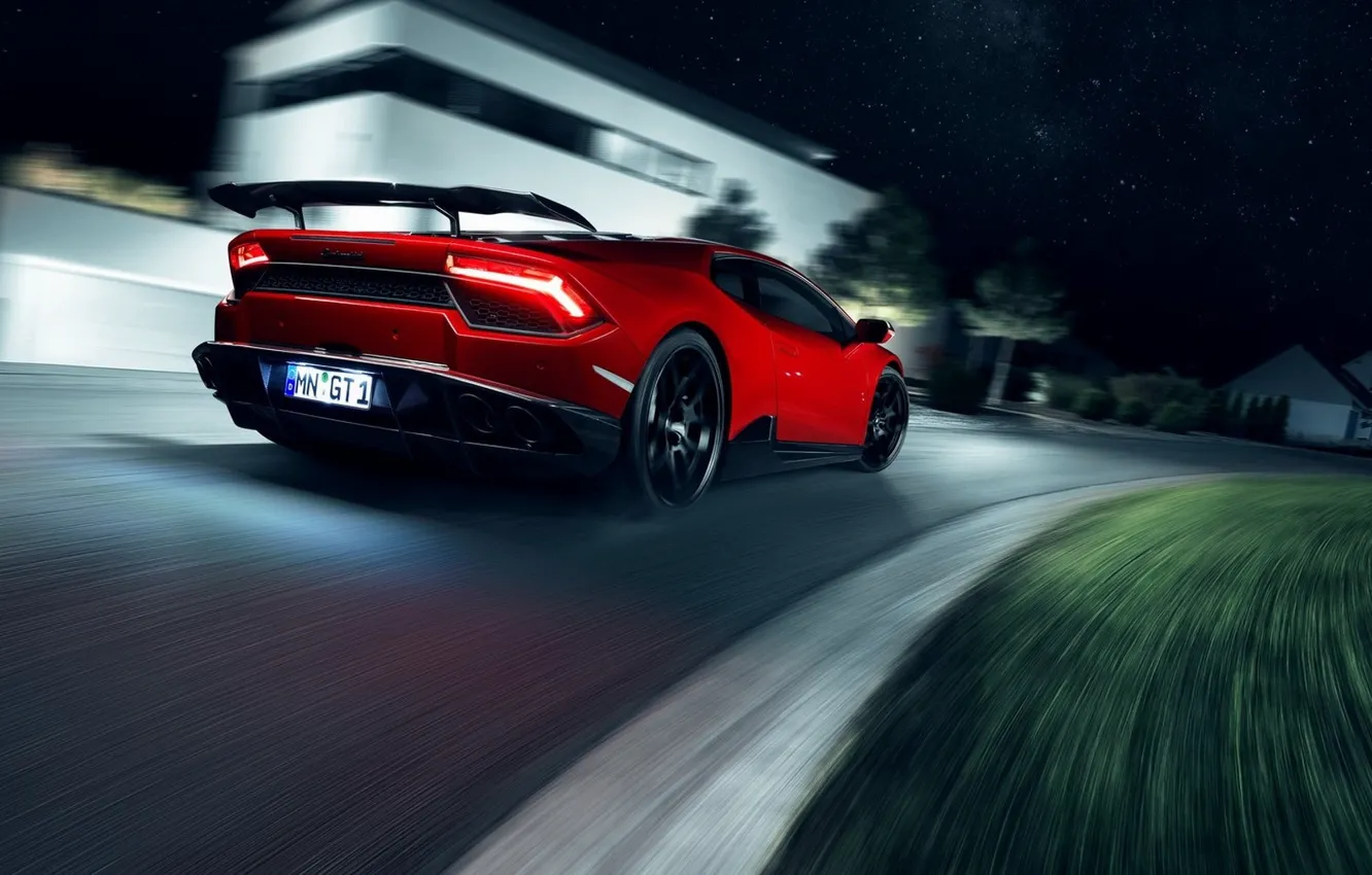 Фото обои ночь, движение, скорость, дома, Lamborghini, Ламборджини, Novitec, Lamborghini Huracan