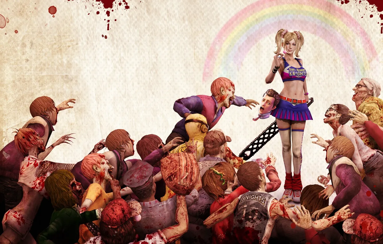 Фото обои девушка, кровь, голова, зомби, электропила, Lollipop chainsaw