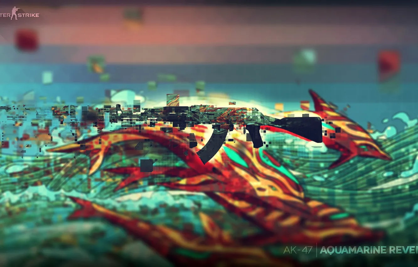 Фото обои weapon, water, ak-47, pixels, abstraction, counter strike, fish, rifle