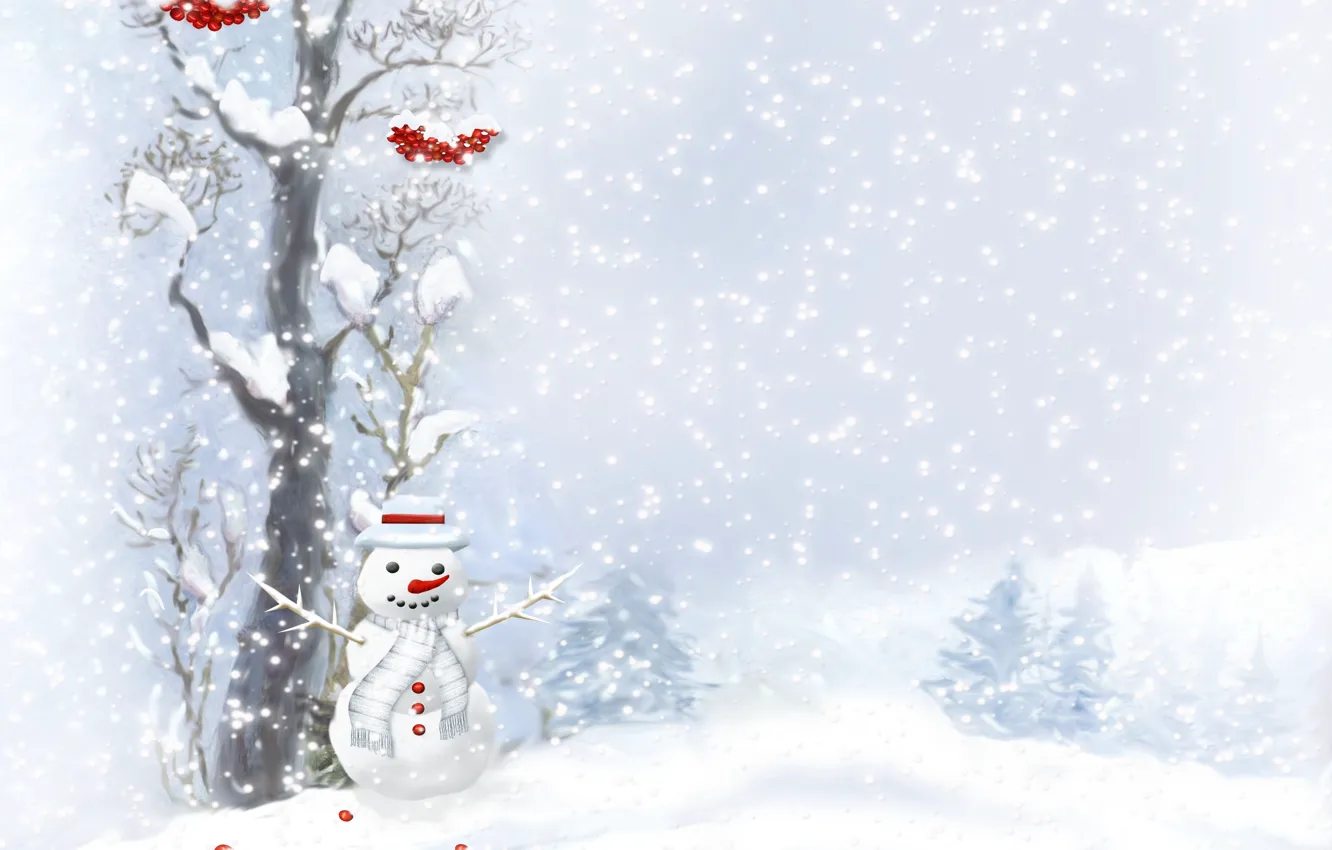 Фото обои ягоды, дерево, пуговицы, снеговик, шарфик, ёлки, снегопад
