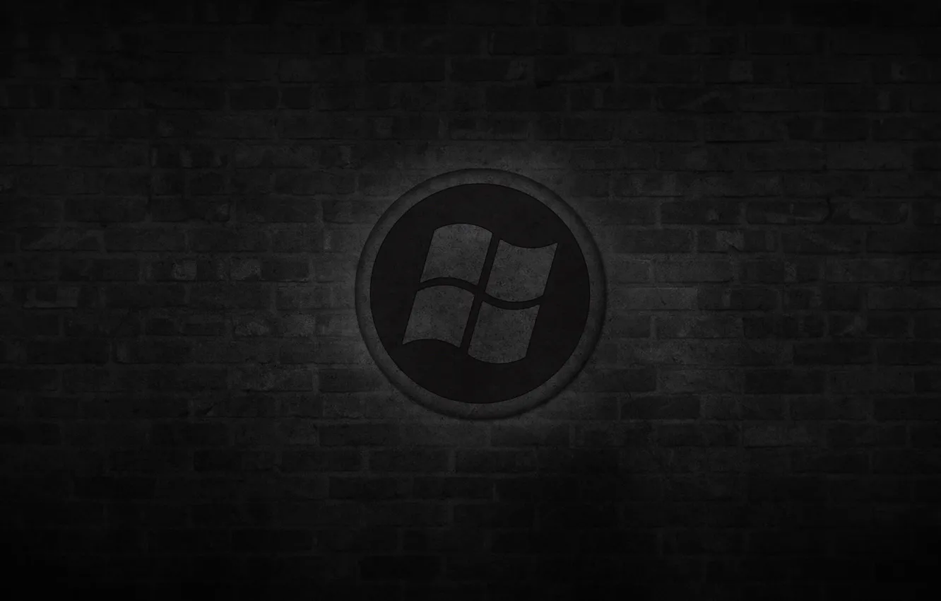 Фото обои стена, черный, круг, кирпич, лого, windows, logo, black