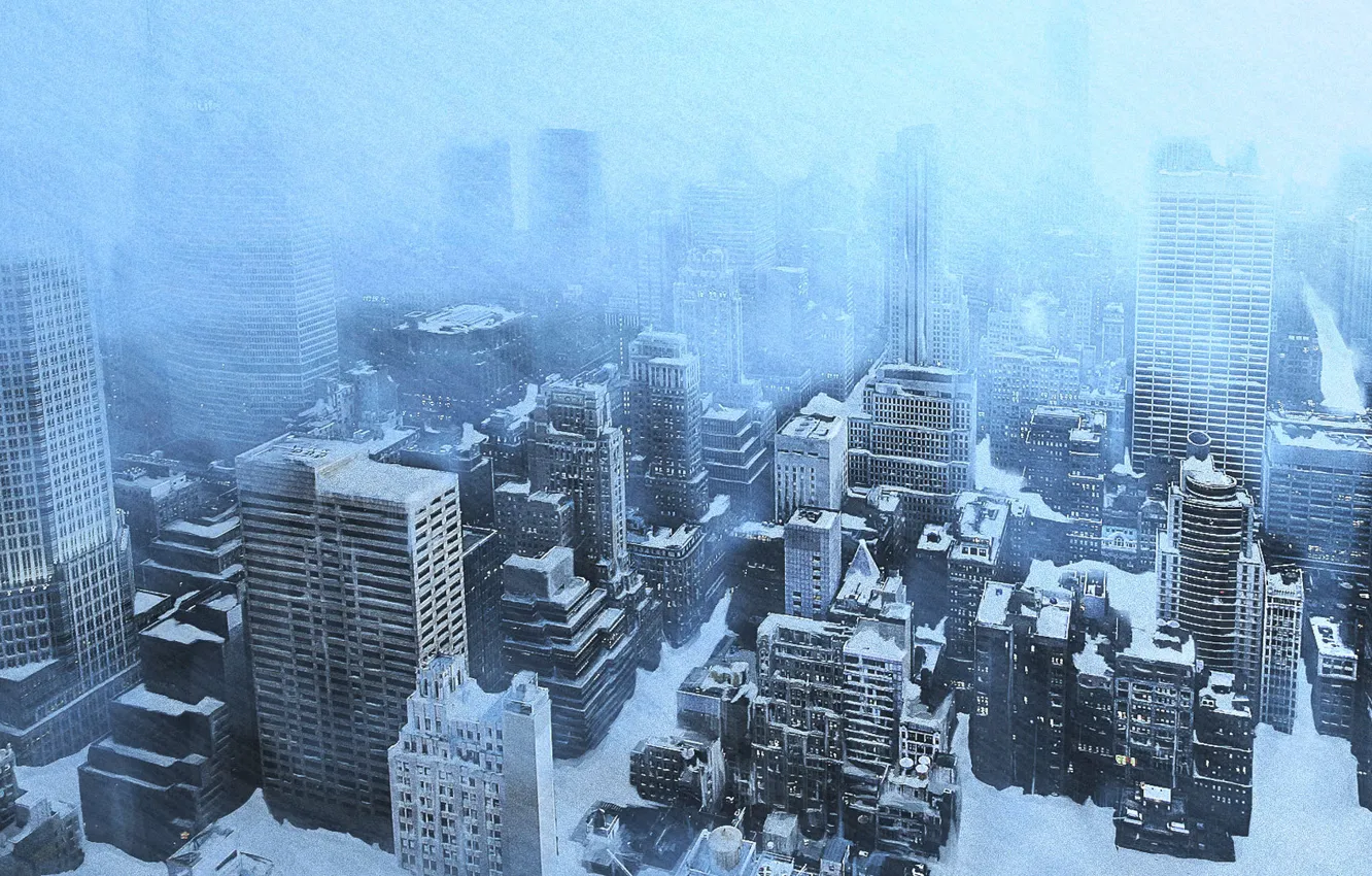 Фото обои холод, лед, зима, снег, город, вид, дома, небоскребы