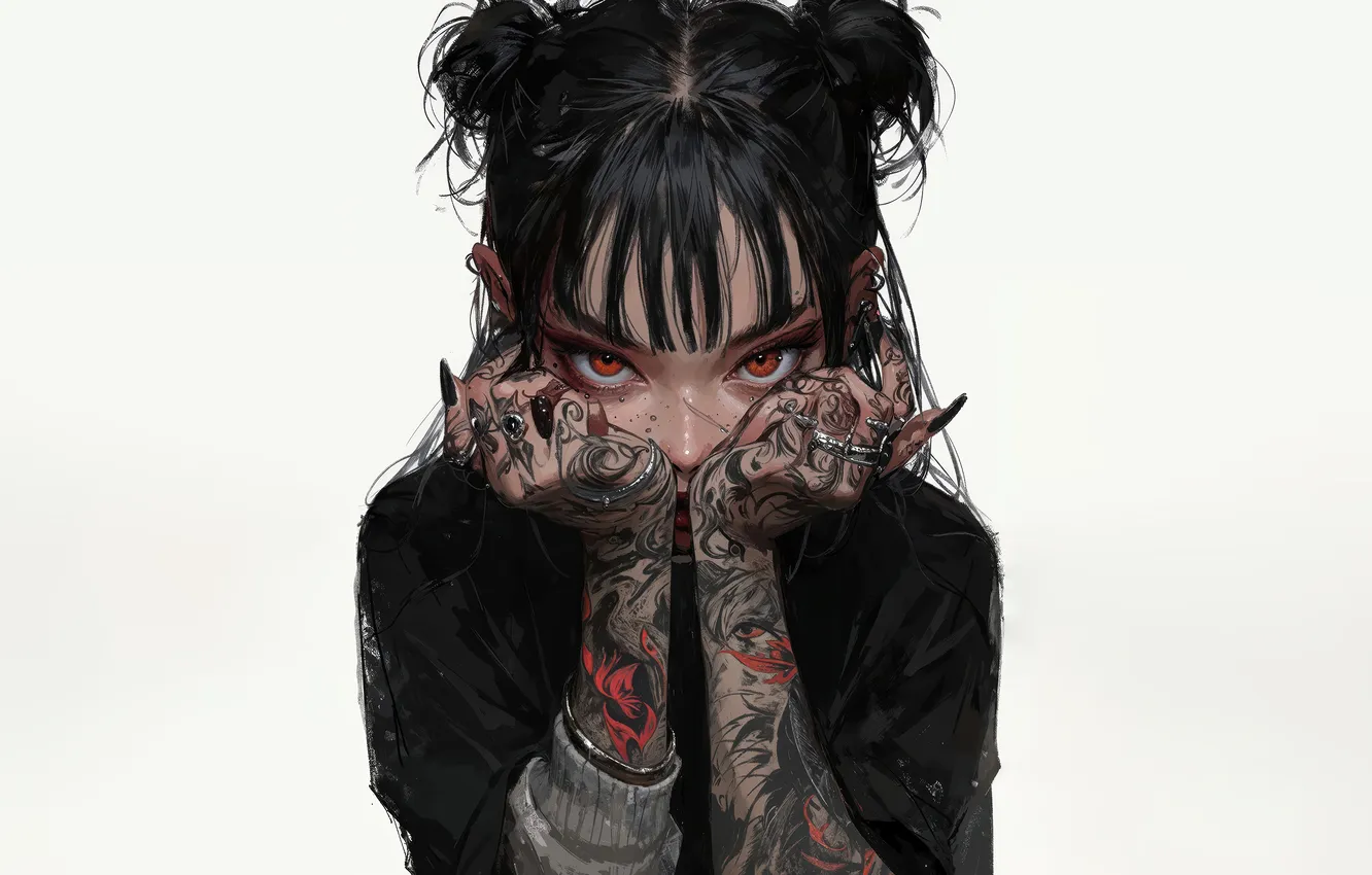 Фото обои Girl, Anime, Tattoo, White Background, Black Hair, Anime Girl, Ai Art, AI Generated